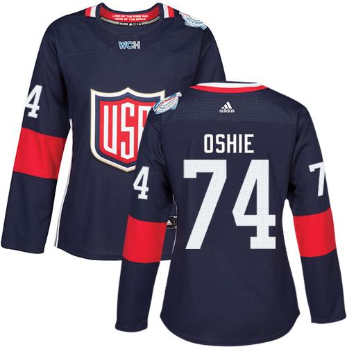 Team USA #74 T. J. Oshie Navy Blue 2016 World Cup Women's Stitched NHL Jersey